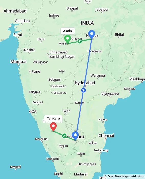 Route map showing distance and travel time from Akola, India to Tarikere, India