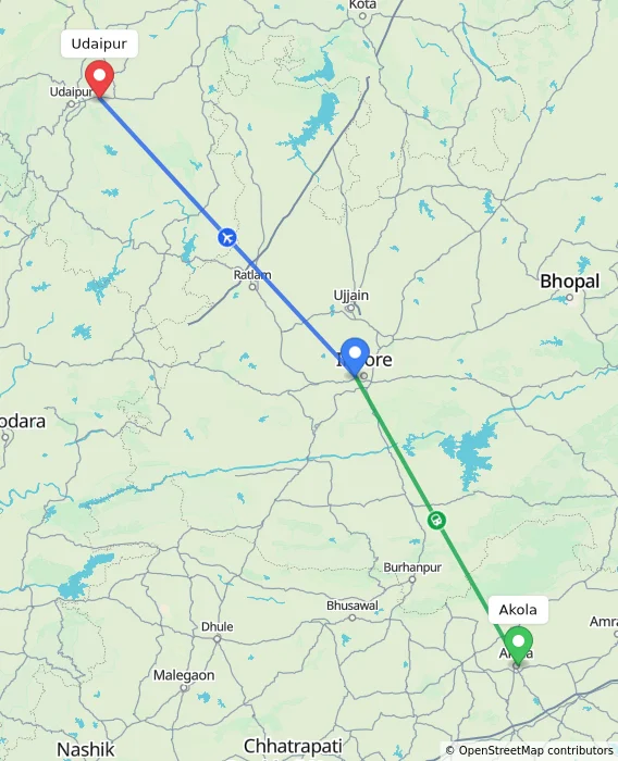 Route map showing distance and travel time from Akola, India to Udaipur, India