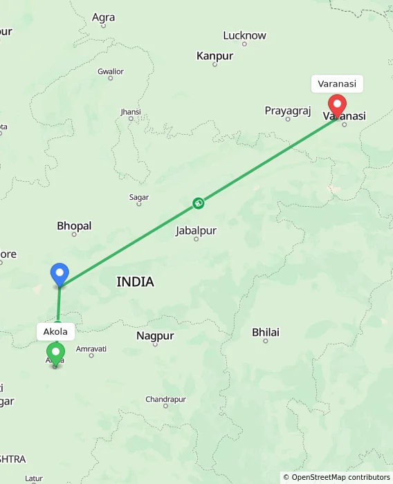 Route map showing distance and travel time from Akola, India to Varanasi, India