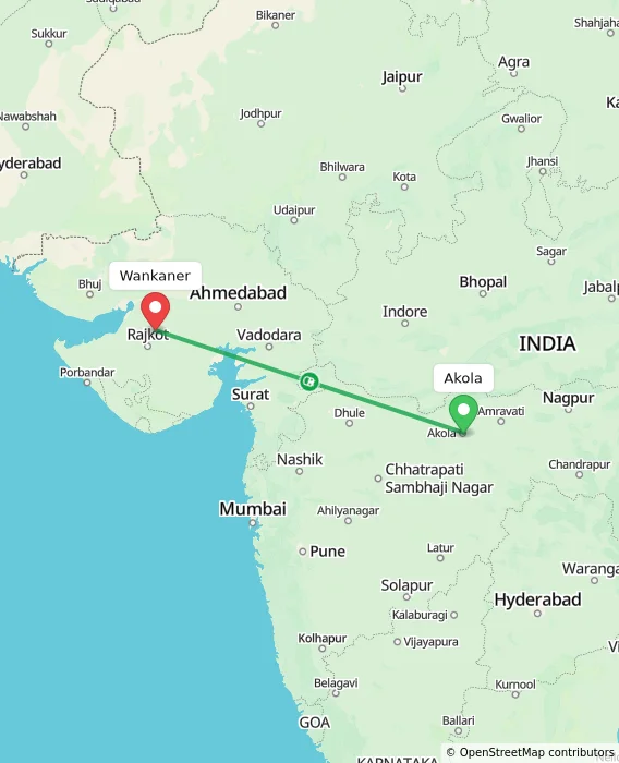 Route map showing distance and travel time from Akola, India to Wankaner, India