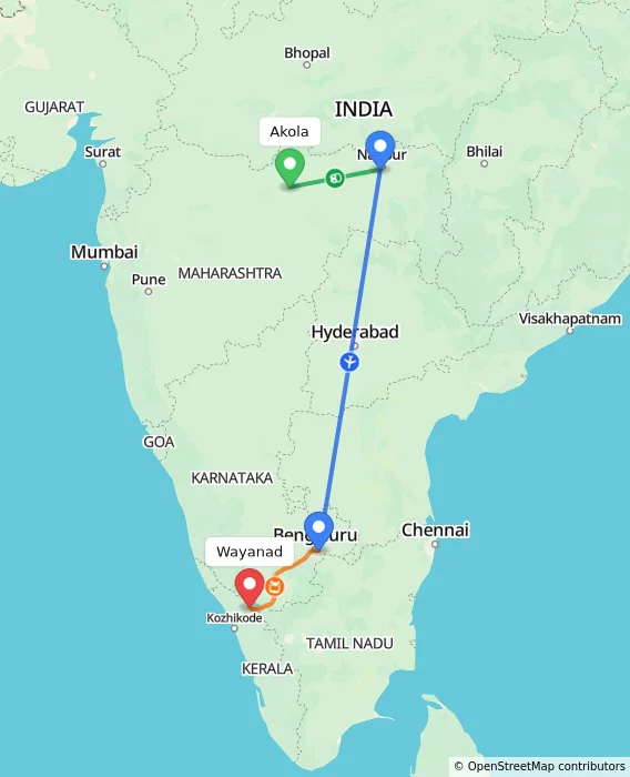 Route map showing distance and travel time from Akola, India to Wayanad, India
