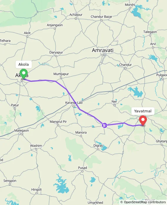 Route map showing distance and travel time from Akola, India to Yavatmal, India