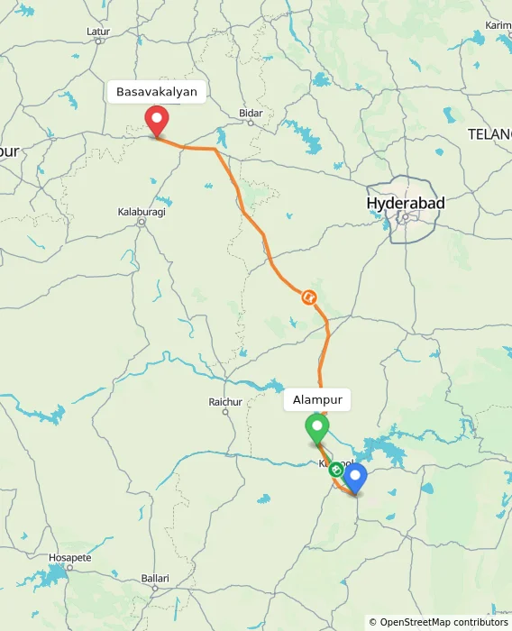 Route map showing distance and travel time from Alampur, India to Basavakalyan, India