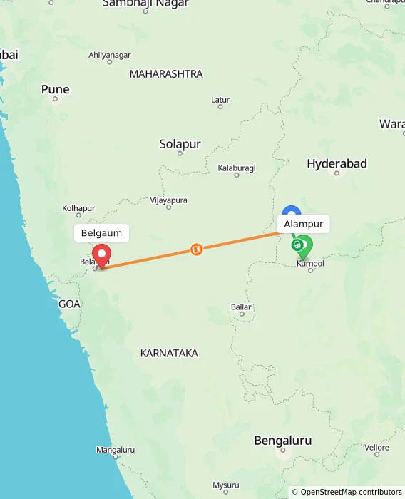 Route map showing distance and travel time from Alampur, India to Belgaum, India