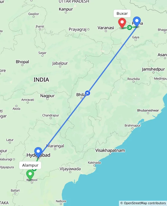 Route map showing distance and travel time from Alampur, India to Buxar, India