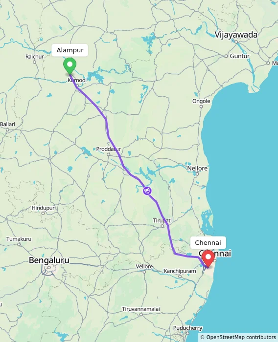 Route map showing distance and travel time from Alampur, India to Chennai, India
