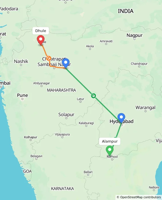 Route map showing distance and travel time from Alampur, India to Dhule, India