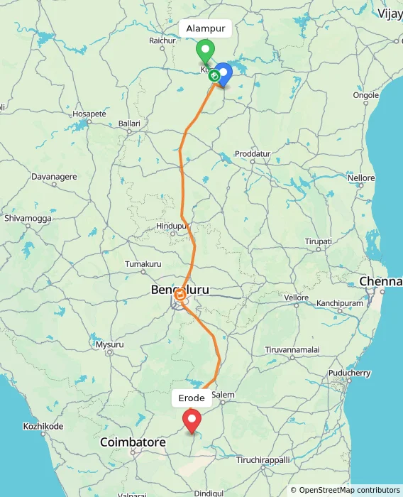Route map showing distance and travel time from Alampur, India to Erode, India