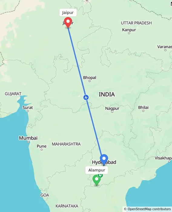 Route map showing distance and travel time from Alampur, India to Jaipur, India