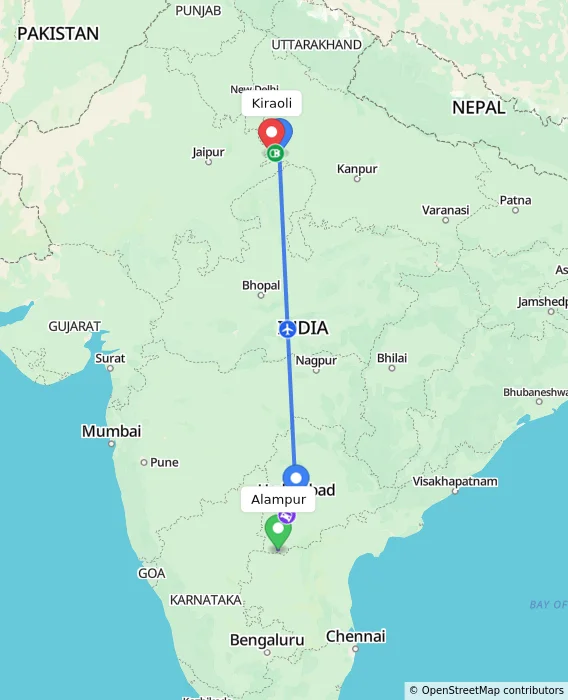 Route map showing distance and travel time from Alampur, India to Kiraoli, India