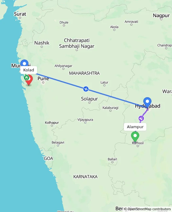 Route map showing distance and travel time from Alampur, India to Kolad, India