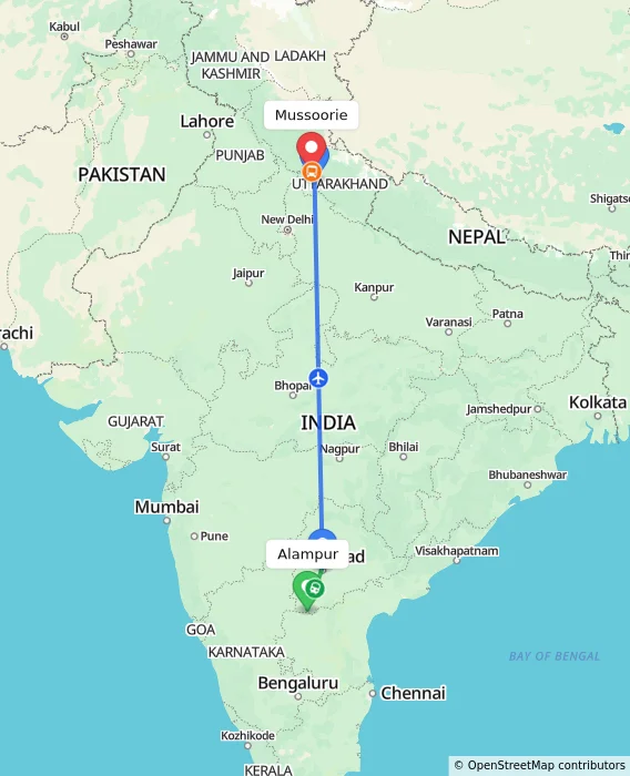 Route map showing distance and travel time from Alampur, India to Mussoorie, India