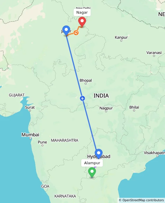 Route map showing distance and travel time from Alampur, India to Nagar, India
