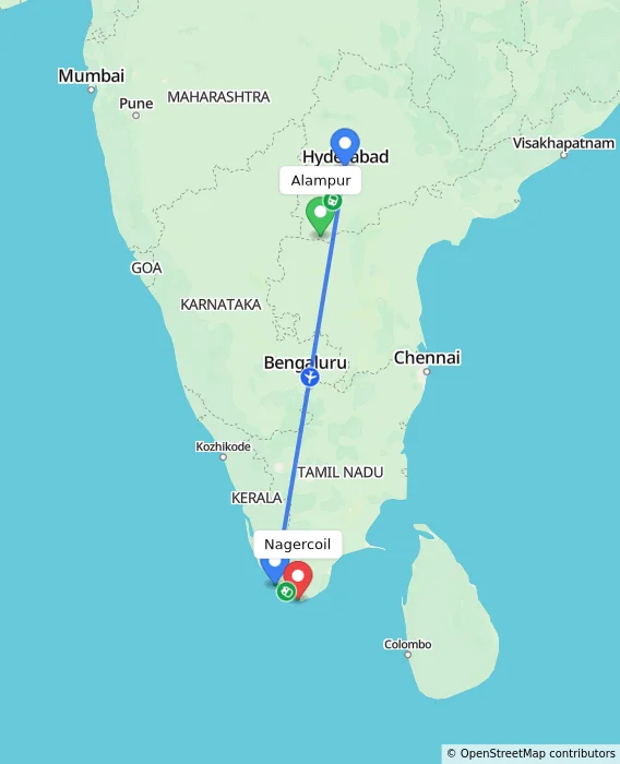 Route map showing distance and travel time from Alampur, India to Nagercoil, India