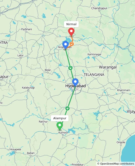 Route map showing distance and travel time from Alampur, India to Nirmal, India