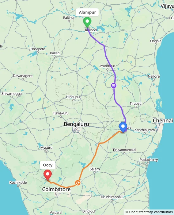 Route map showing distance and travel time from Alampur, India to Ooty, India