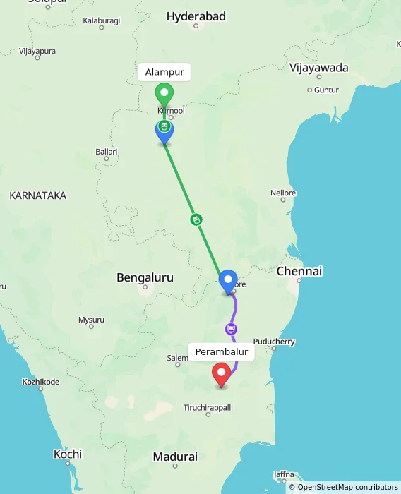 Route map showing distance and travel time from Alampur, India to Perambalur, India