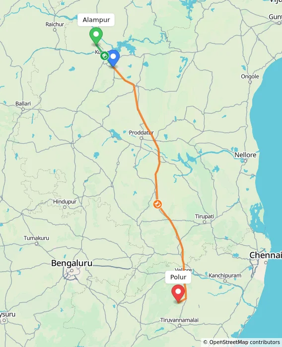Route map showing distance and travel time from Alampur, India to Polur, India
