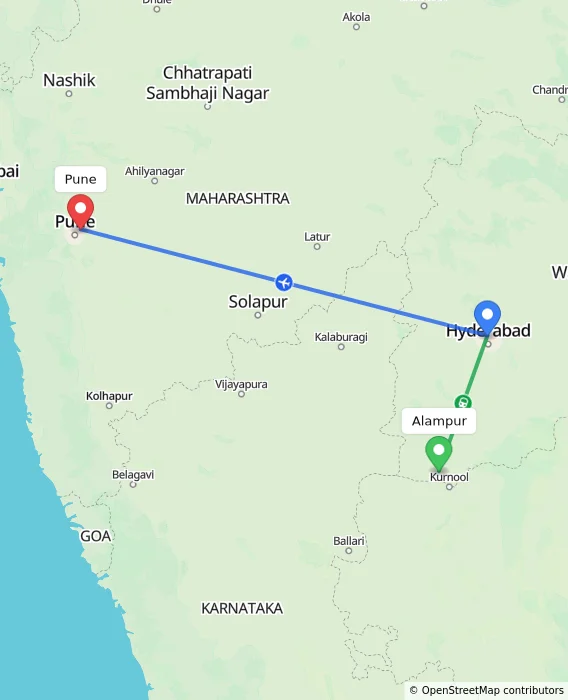 Route map showing distance and travel time from Alampur, India to Pune, India