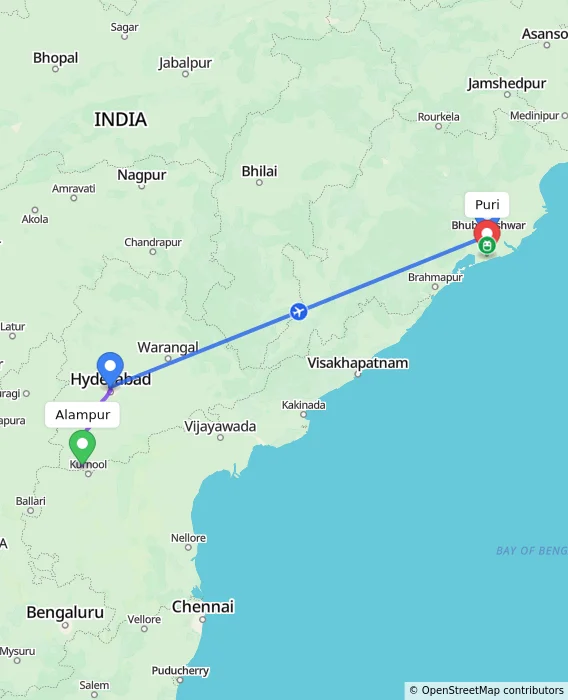 Route map showing distance and travel time from Alampur, India to Puri, India