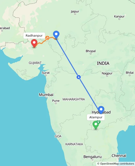 Route map showing distance and travel time from Alampur, India to Radhanpur, India