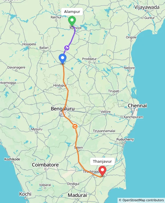 Route map showing distance and travel time from Alampur, India to Thanjavur, India