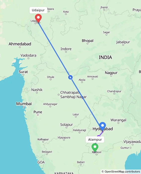 Route map showing distance and travel time from Alampur, India to Udaipur, India