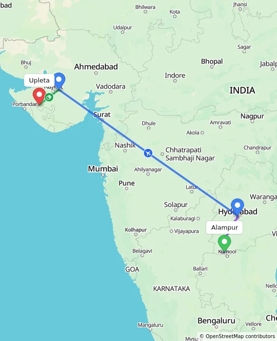 Route map showing distance and travel time from Alampur, India to Upleta, India
