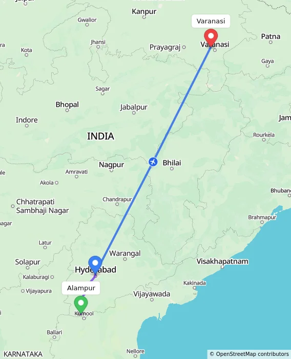 Route map showing distance and travel time from Alampur, India to Varanasi, India