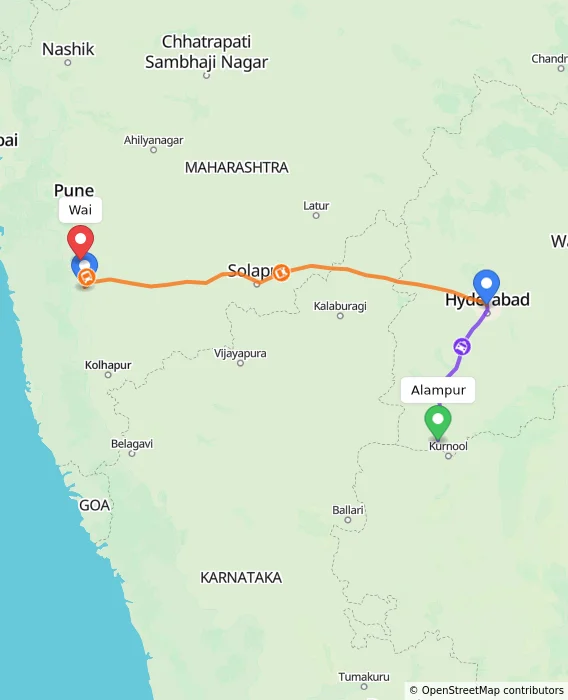 Route map showing distance and travel time from Alampur, India to Wai, India