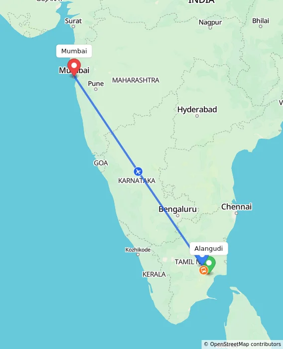 Route map showing distance and travel time from Alangudi, India to Mumbai, India