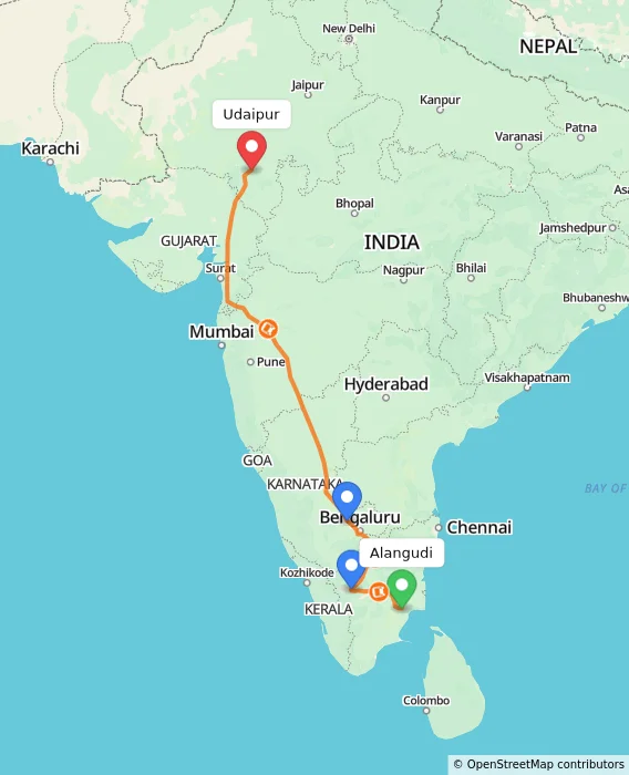 Route map showing distance and travel time from Alangudi, India to Udaipur, India