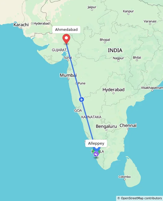 Route map showing distance and travel time from Alappuzha, India to Ahmedabad, India