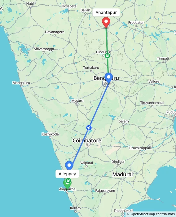 Route map showing distance and travel time from Alappuzha, India to Anantapur, India