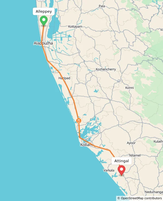 Route map showing distance and travel time from Alappuzha, India to Attingal, India