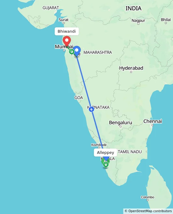 Route map showing distance and travel time from Alappuzha, India to Bhiwandi, India