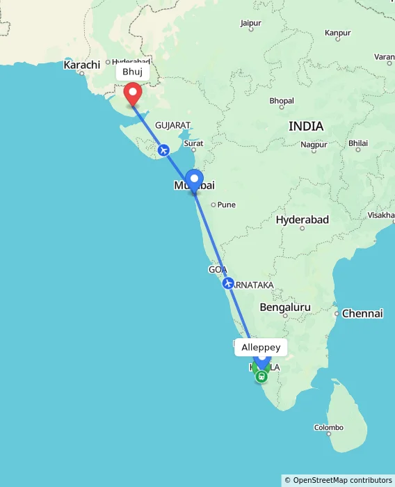 Route map showing distance and travel time from Alappuzha, India to Bhuj, India