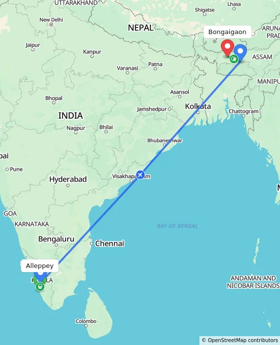 Route map showing distance and travel time from Alappuzha, India to Bongaigaon, India