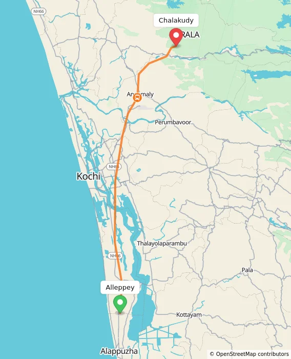 Route map showing distance and travel time from Alappuzha, India to Chalakudy, India