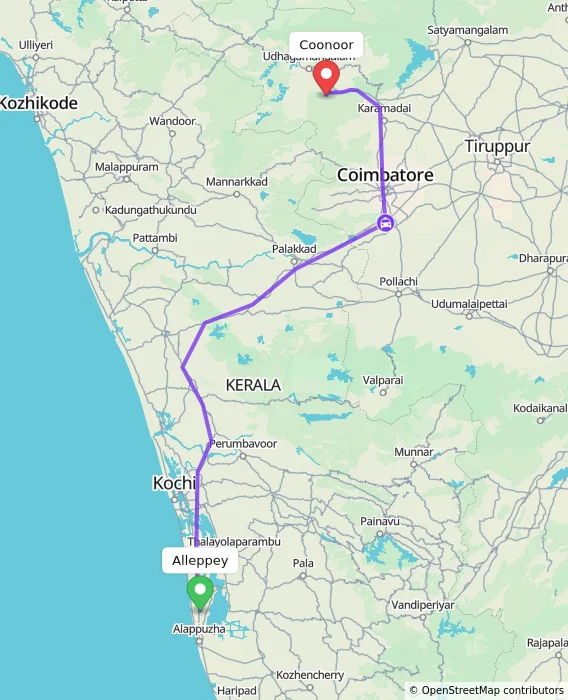Route map showing distance and travel time from Alappuzha, India to Coonoor, India