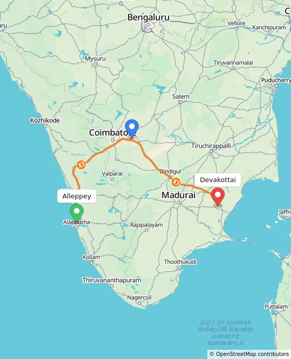 Route map showing distance and travel time from Alappuzha, India to Devakottai, India
