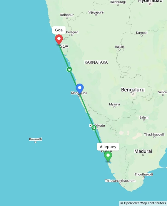 Route map showing distance and travel time from Alappuzha, India to Goa, India