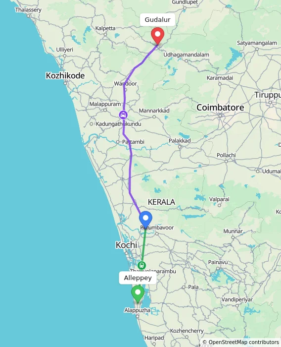 Route map showing distance and travel time from Alappuzha, India to Gudalur, India