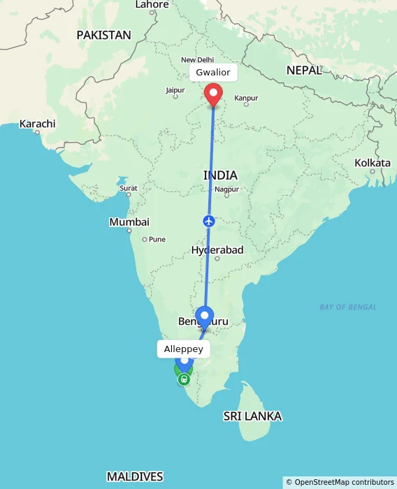 Route map showing distance and travel time from Alappuzha, India to Gwalior, India