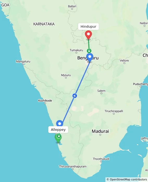 Route map showing distance and travel time from Alappuzha, India to Hindupur, India