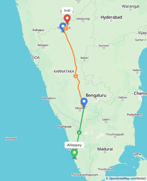 Route map showing distance and travel time from Alappuzha, India to Indi, India