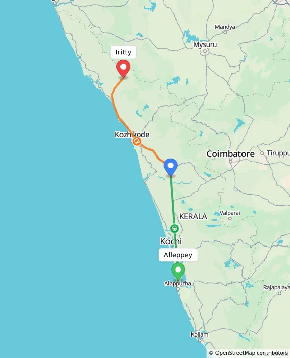 Route map showing distance and travel time from Alappuzha, India to Iritty, India