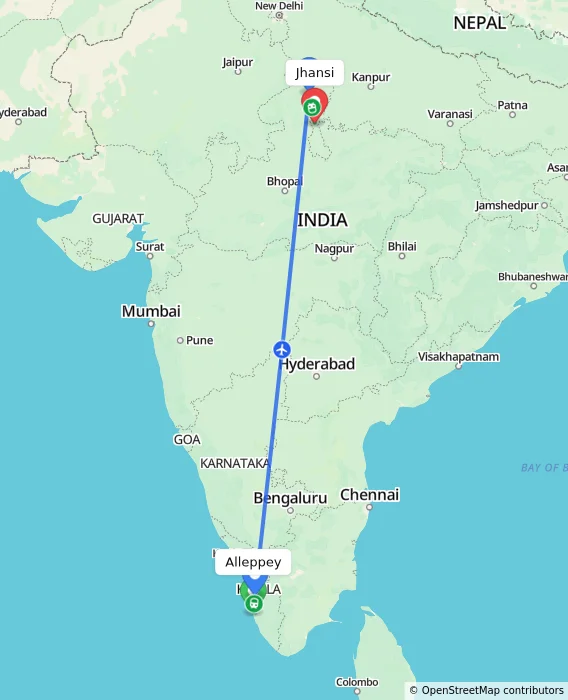 Route map showing distance and travel time from Alappuzha, India to Jhansi, India