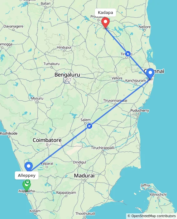 Route map showing distance and travel time from Alappuzha, India to Kadapa, India