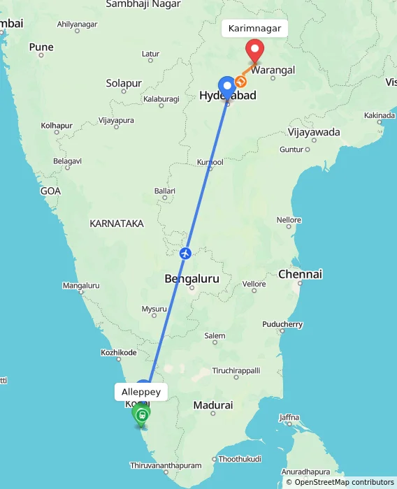 Route map showing distance and travel time from Alappuzha, India to Karimnagar, India
